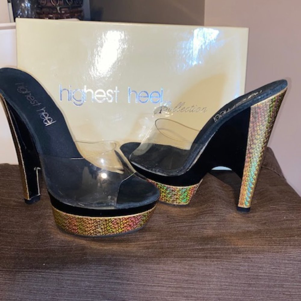 Highest Heel JADE-11 6" Black& Gold Partial Wedge Covered Platform Size 7